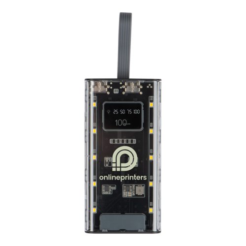 Power bank trasparente con indicatore batteria e porte USB.