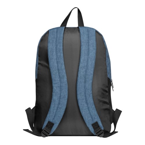 Zaino blu scuro con spallacci regolabili e cerniera.