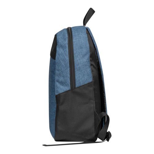 Zaino blu scuro con zip e maniglia.