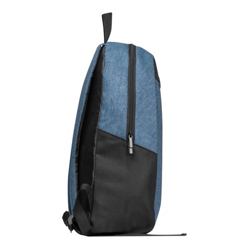Zaino blu scuro con zip e spallacci regolabili.