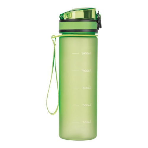 Borraccia in tritan verde mela con coperchio e anello di trasporto.