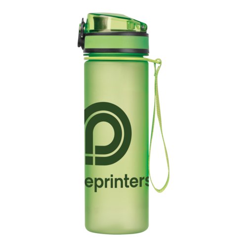 Borraccia verde in Tritan con tappo sportivo e laccio.