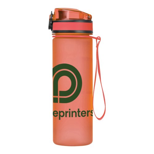 Borraccia arancione in Tritan con coperchio e laccetto.