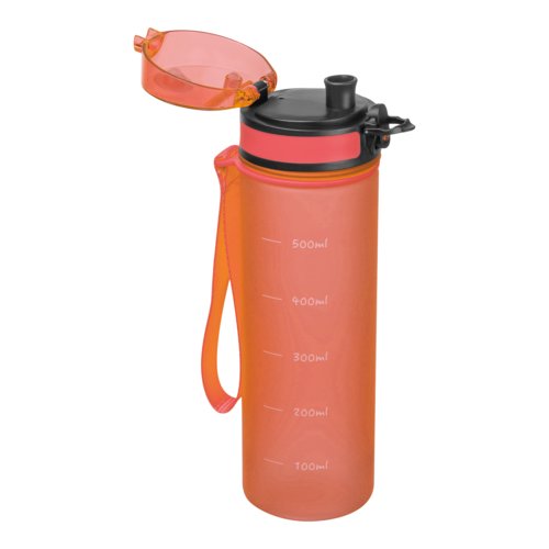 Bottiglia d'acqua arancione in Tritan con tappo a vite e cinturino.