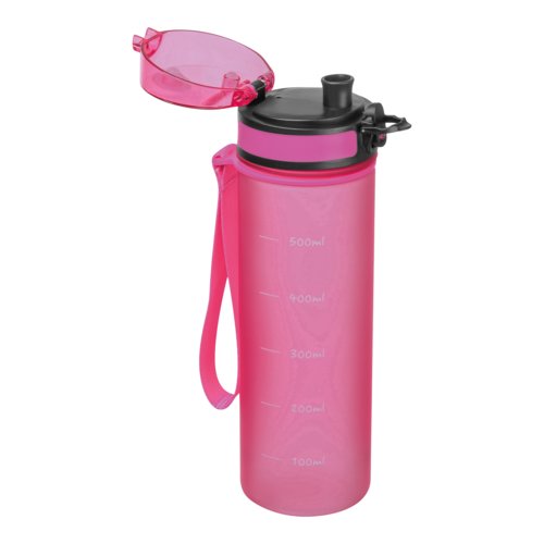 Borraccia rosa in tritan con cinturino e chiusura.