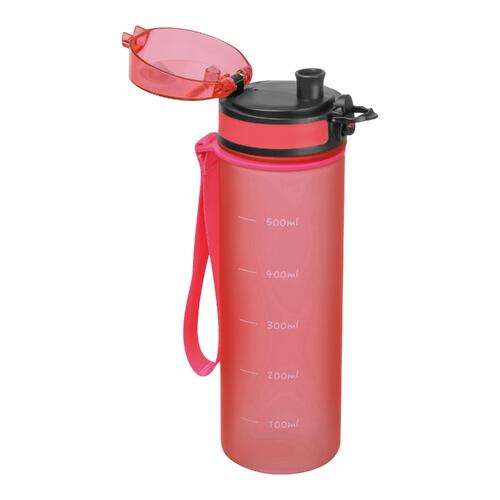 Borraccia rosa in tritan con cinturino e chiusura.