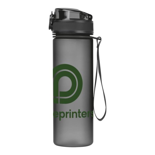 Borraccia nera in Tritan con tappo a vite e laccetto.