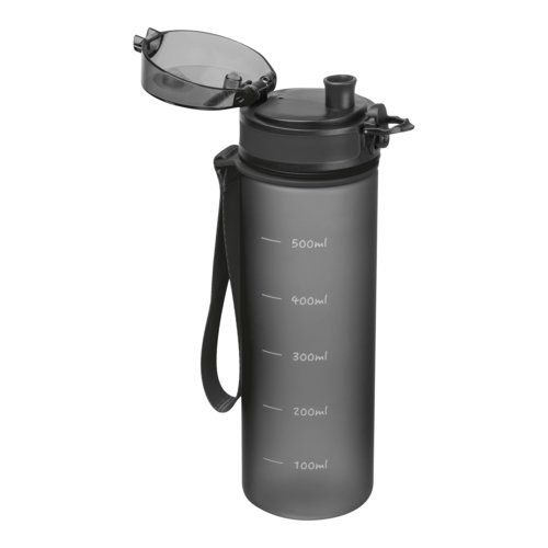 Borraccia nera in Tritan con tappo a vite e anello di trasporto.