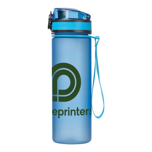 Borraccia azzurra in Tritan con cinturino e coperchio a prova di perdite.