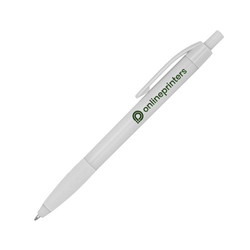 Penna a sfera in plastica bianca con clip e pulsante.