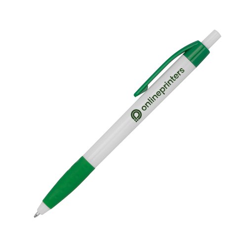 Penna a sfera in plastica con clip e pulsante.
