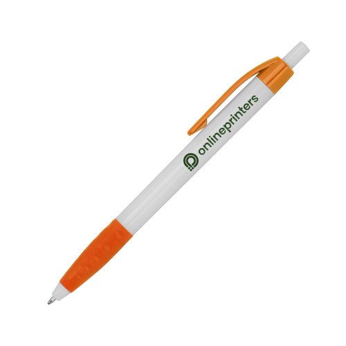 Penna a sfera in plastica arancione con clip e pulsante.