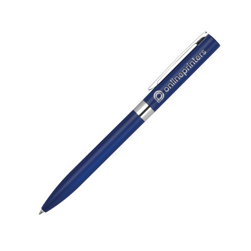 Penna gel blu scuro con clip e meccanismo a scatto.