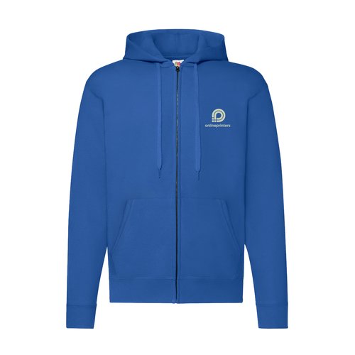 Felpa in misto cotone-poliestere blu reale con cappuccio e zip integrale.