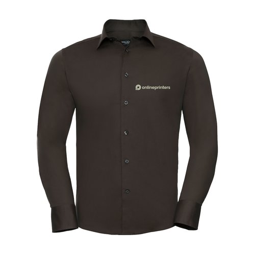 Camicia marrone da uomo in cotone con maniche lunghe e abbottonatura.