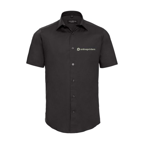 Camicia nera a maniche corte in tessuto con colletto e abbottonatura.