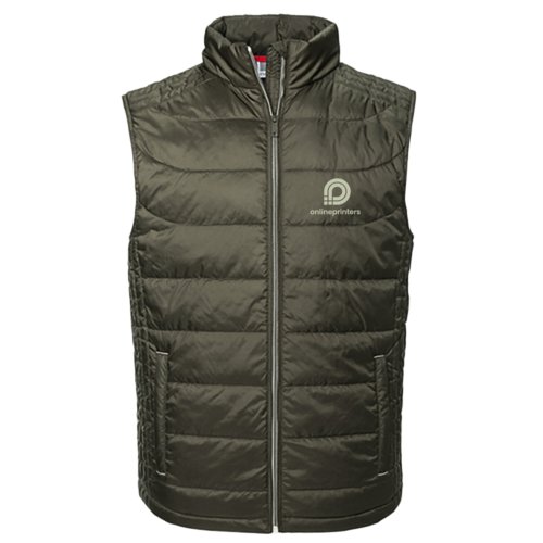 Gilet imbottito color oliva in materiale leggero con zip integrale da uomo.