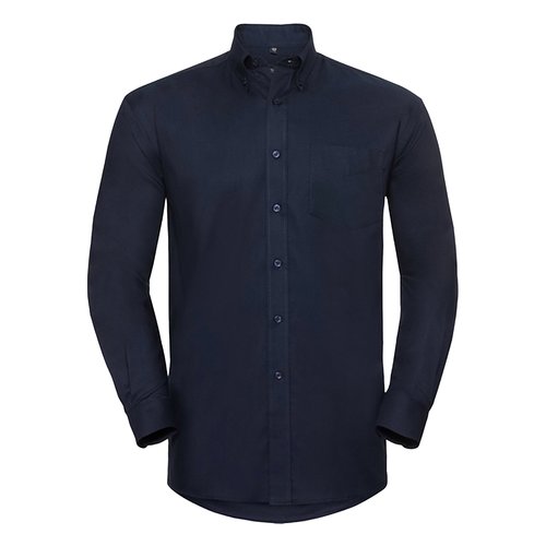 Camicia da uomo blu navy in cotone-poliestere con abbottonatura.