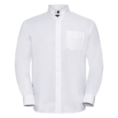Camicia bianca in cotone-poliestere con maniche lunghe e abbottonatura.