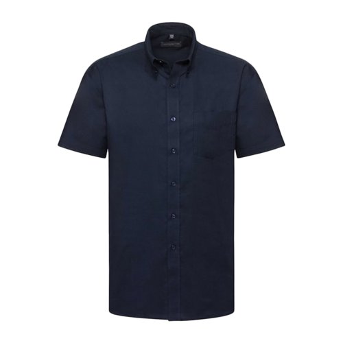 Camicia blu navy a maniche corte in cotone e poliestere con abbottonatura e taschino.