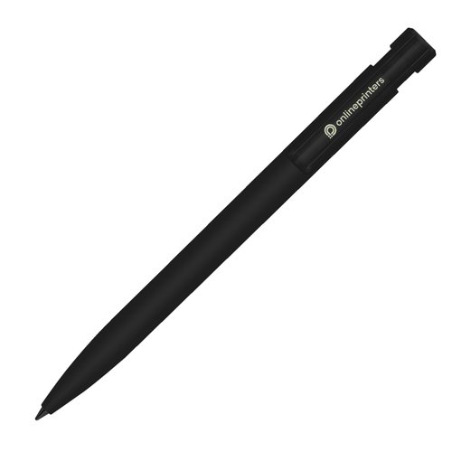 Penna a sfera nera in plastica con meccanismo a scatto e superficie soft-touch.