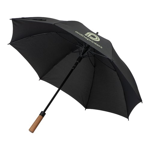 Ombrello nero con manico in legno.