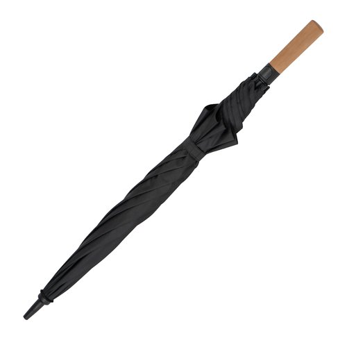 Ombrello nero con manico in legno e fodera.