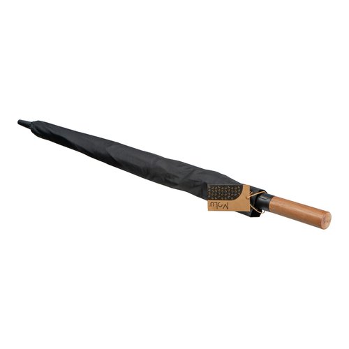 Ombrello nero con manico in legno.