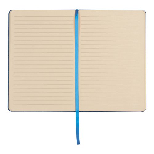 Taccuino blu con pagine a righe e segnalibro a nastro.