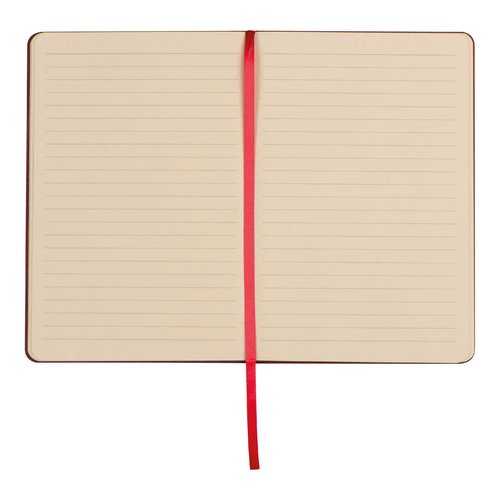 Quaderno rosso con segnalibro a nastro e pagine a righe.