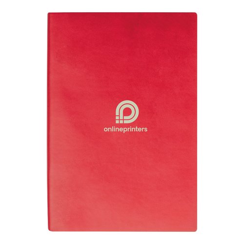 Quaderno rosso con copertina rigida e pagine a righe.