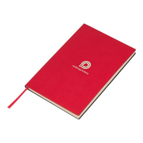 Quaderno rosso con copertina rigida e segnalibro a nastro.