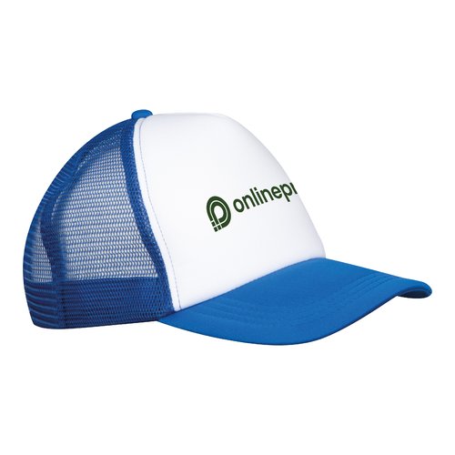 Cappellino da camionista blu in poliestere con inserto in rete.