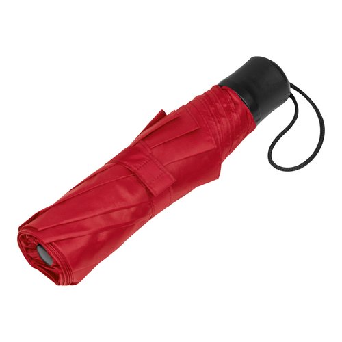 Ombrello tascabile rosso in RPET con cinturino da polso.