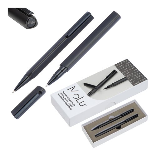 Set da scrittura nero con penna a sfera e roller in confezione regalo.