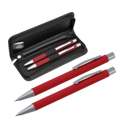 Set da scrittura rosso con penna a sfera e custodia.