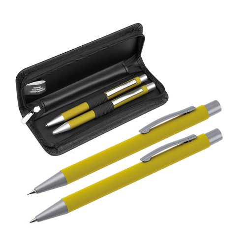 Set da scrittura giallo con penna a sfera e custodia.