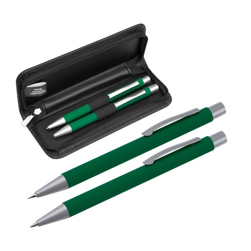 Set da scrittura verde con penna a sfera e custodia.