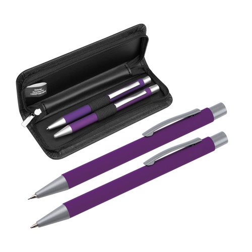 Set da scrittura viola con penna a sfera e custodia.