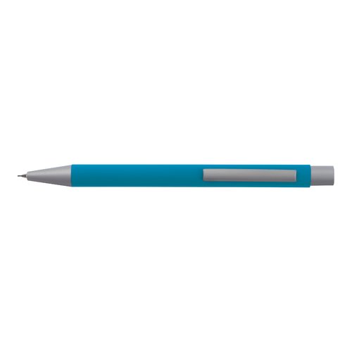 Set da scrittura azzurro con penna a sfera e custodia.