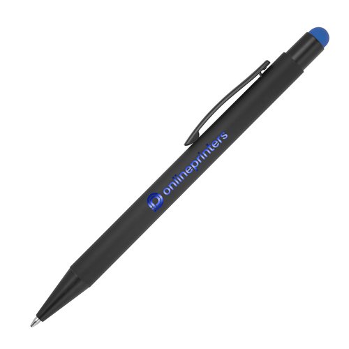 Penna a sfera in metallo blu con funzione touch, clip e meccanismo a pressione.