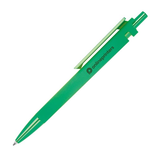 Penna a sfera verde in ABS riciclato con clip e pulsante.
