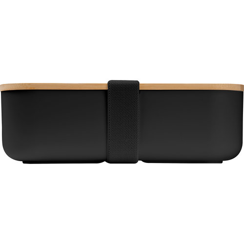 Lunchbox nera con coperchio in bamb� e fascia elastica di fissaggio.