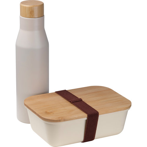 Portapranzo beige con borraccia in acciaio inox e coperchio in bamb�.