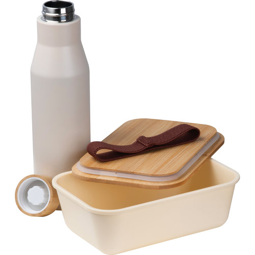Porta pranzo beige con borraccia in acciaio inox e coperchio in bamb�.