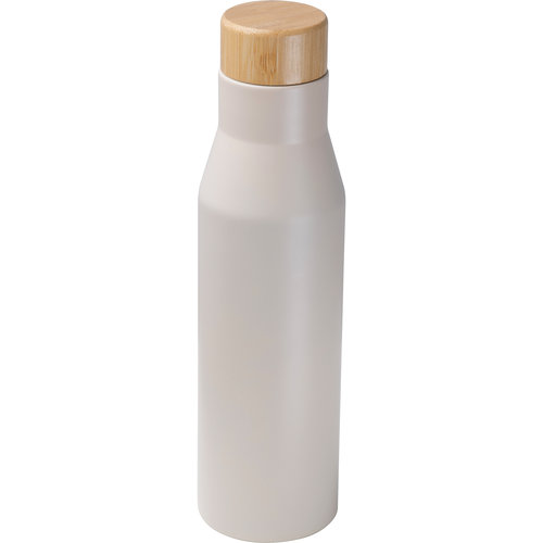 Portapranzo beige in acciaio inossidabile con borraccia in acciaio inossidabile e coperchio in legno.