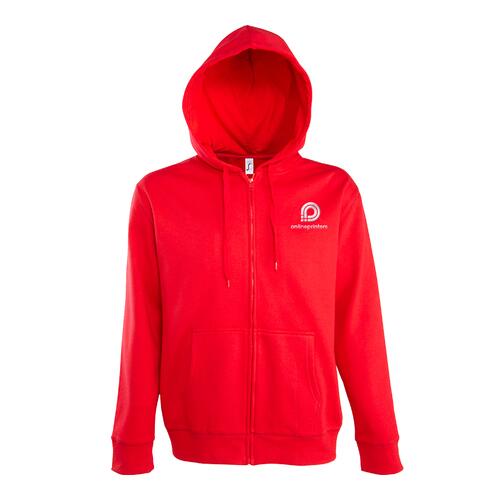 Felpa con cappuccio rossa in misto cotone con zip integrale.