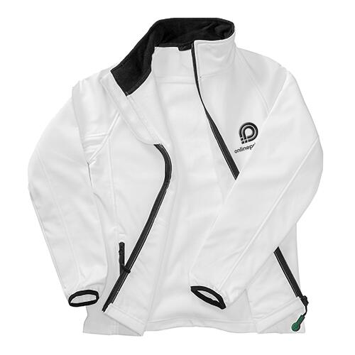 Giacca softshell bianca in poliestere da donna con zip integrale e tasche laterali.