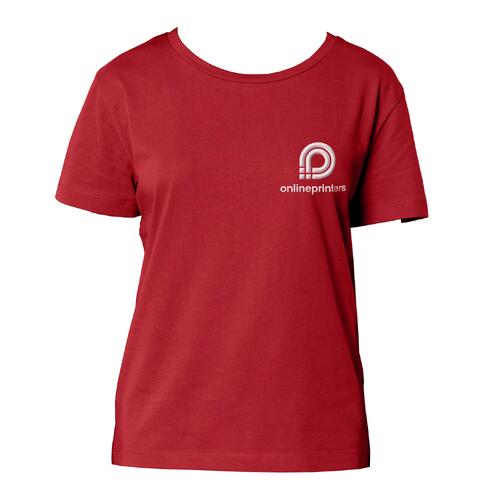 T-shirt rossa da donna in cotone biologico con maniche corte e scollo rotondo.