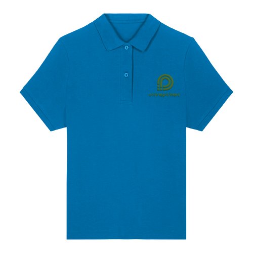 Polo da donna blu reale in cotone biologico con abbottonatura corta.
